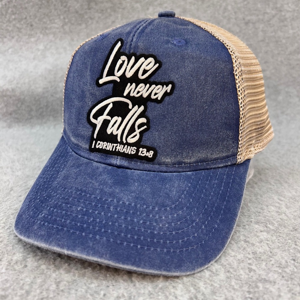 Love Never Falls 1 Corinthians 13:8 Womens Blue Ponycap Trucker Hat Mesh Back